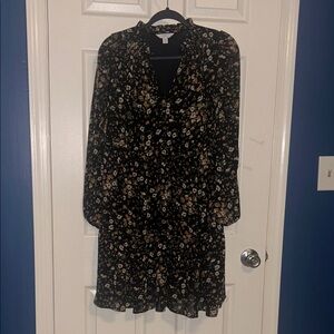 Time and Tru Black with Floral Print Long Sleeve Dress